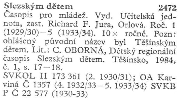 Entry for the title "Slezskym detem".