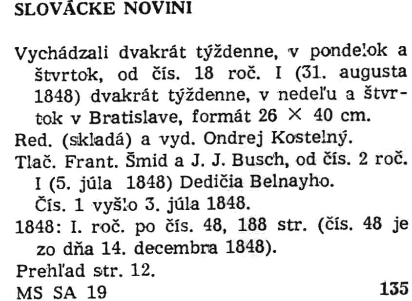 Entry for the title Slovacke novini.