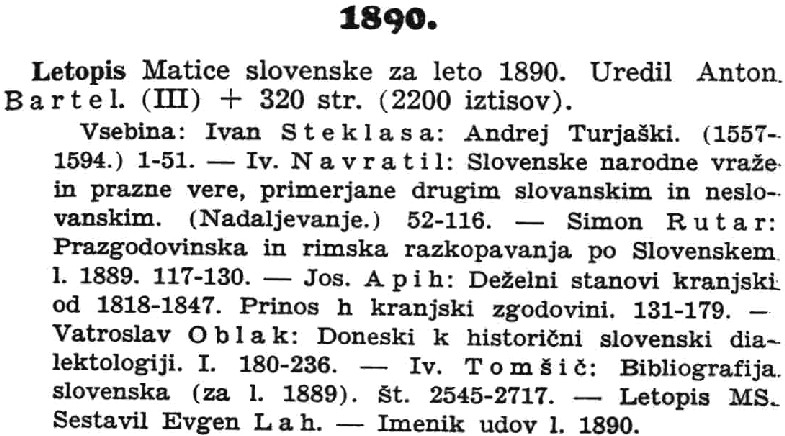 contents of the Letopis Matice slovenske for 1890