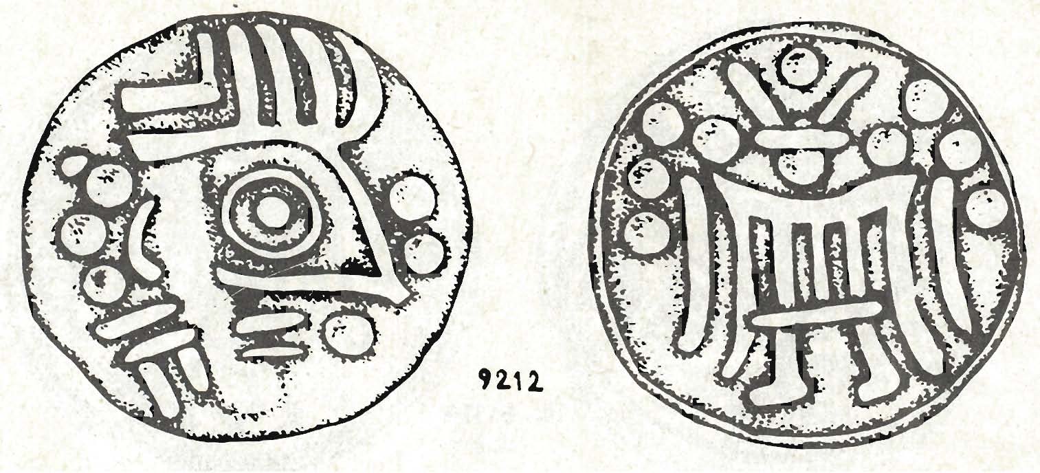 Georgian imitation of stater (Greek coin) in the style of Alexander the Greate, from Mx'xet'a, reproduced in Tabllitsa XV of G. F. Dundua's NUMIZMATIKA ANTICHNOI GRUZII (Tbilisi, 1987)