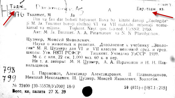Card catalog entry_Tajiki imprints_Russian National Library