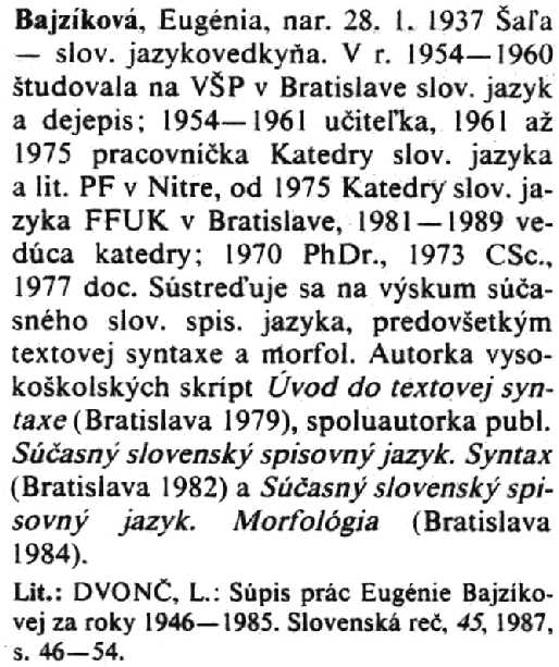 Entry for the Slovak linguist Eugenia Bajzikova