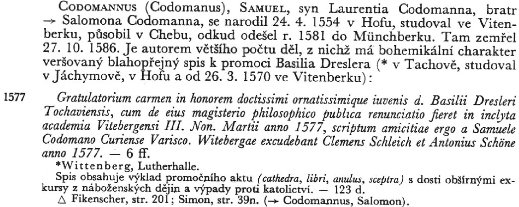 Bibliographical entry for Samuel Codomannus