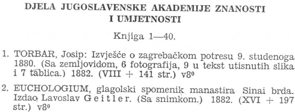 beginning of the contents of the Academy's series Djela, knj. 1 and 2