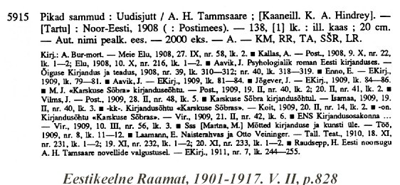 A sample entry for Eestikeelne Raamat 1901-1917