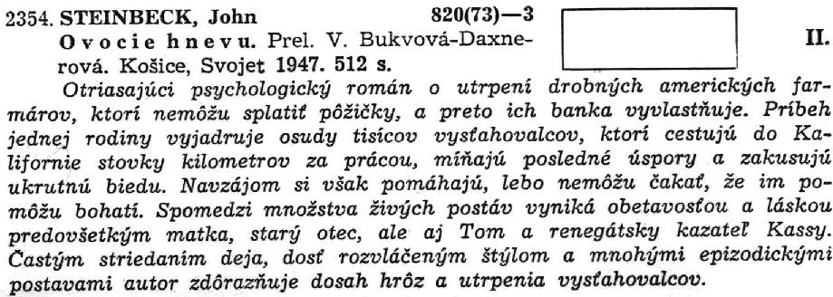 Entry for a Slovak translation of John Steinbeck's The Grapes of Wrath