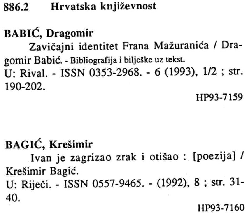 Two article citations that appeared in the 1993:11 issue under the heading "Croatian literature"