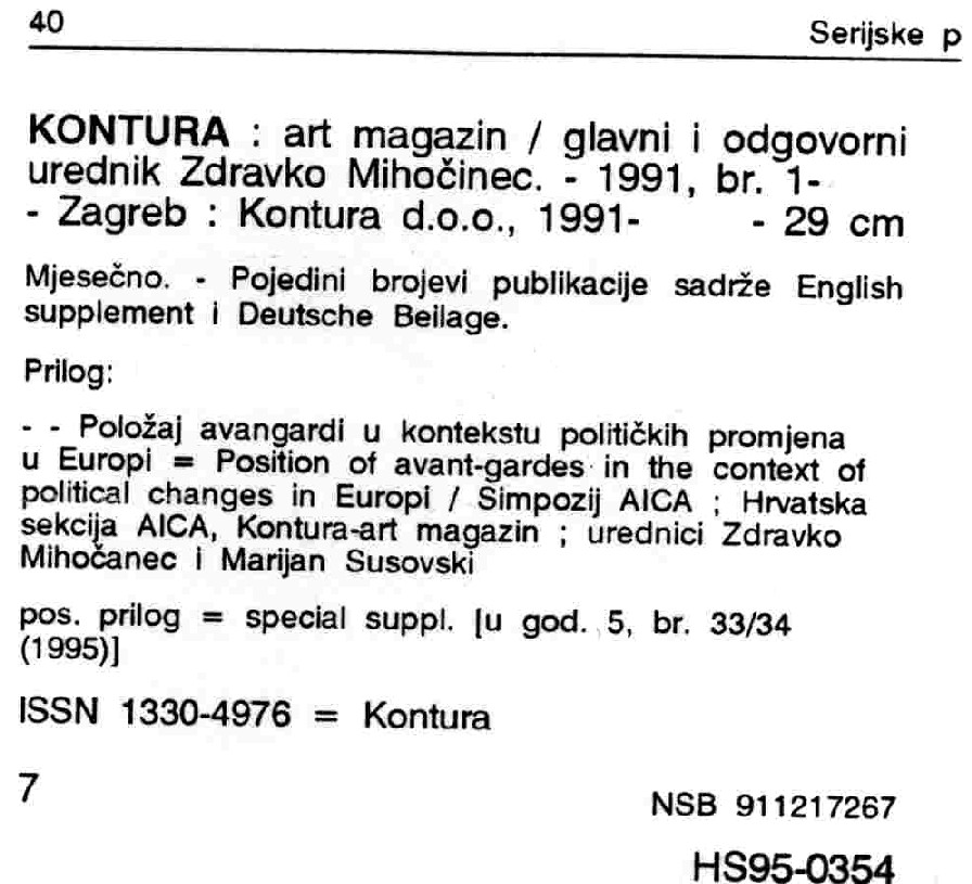 Entry for the art monthly Kontura which appears in the 1995:1 issue