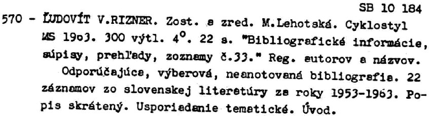 Bibliography about L`udovit Rizner