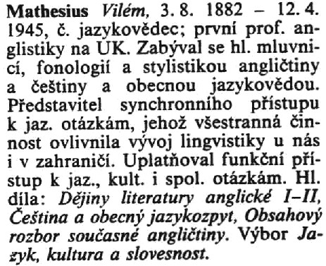 Entry for the linguist, Vilem Mathesius