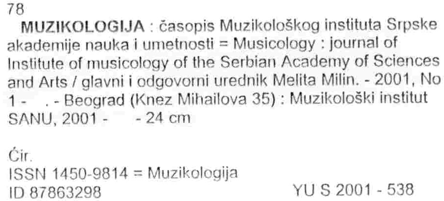 Entry for a musicology journal from Belgrade