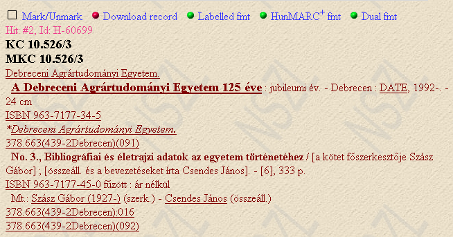 A sample entry for Magyar Nemzeti Bibliografia