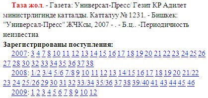 Sample entry from the Kyrgyz National Library's "Periodika" catalog, showing the publication pattern of the newspaper TAZA ZHOL since its inception
