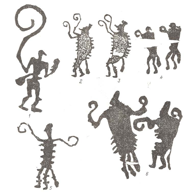 Petroglyphs of men with tails/people in animal skins from Shul'binsk, near Semipalatinsk, 2nd mellenium B.C.E (from ARKHEOLOGICHESKIE PAMIATNIKI V ZONE ZATOPLENIIA SHUL'BINSKOI GES, p. 268)