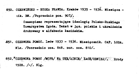 sample entry from Spis tytulow prasy ukrainskiej w Drugiej Rzeczypospolitej