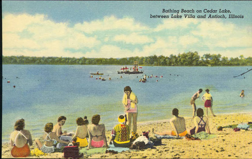 Postcard with painting of people on beach and swimming in lake