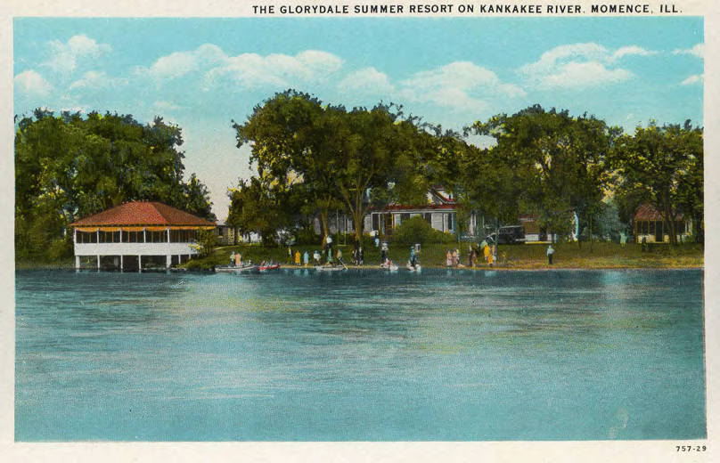 Postcard featuring lake and shoreline with houses and people on the beach