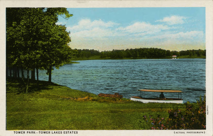 Postcard with a boat on a lake shore