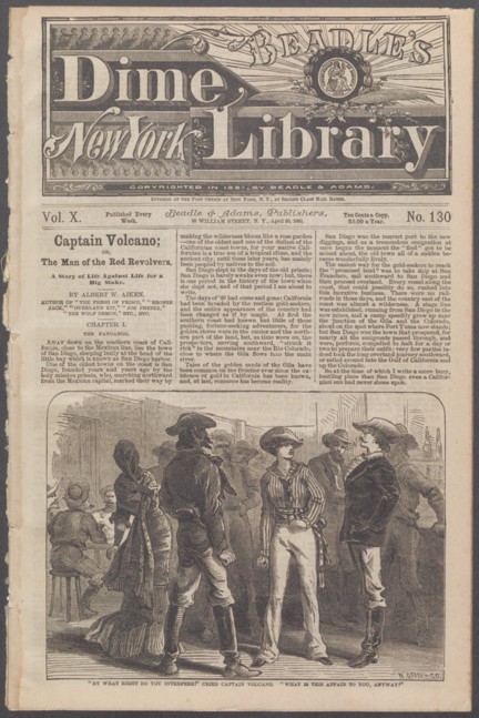 Newpaper print first page of novel featuring image of a circle of people dressed like cowboys in what appears to be a saloon