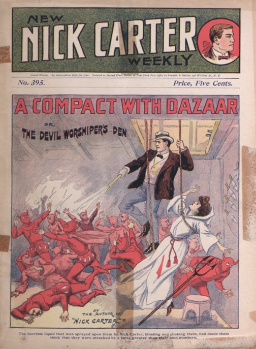 Cover art featuring a woman and man escaping on ropes out of a trap door; man firing on a group of people clad in red devil pajamas