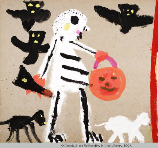 Child's painting of a trick-or-treater dressed as a skeleton