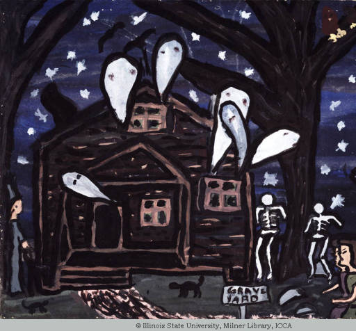 Child's painting of a haunted house with ghosts and walking skeletons