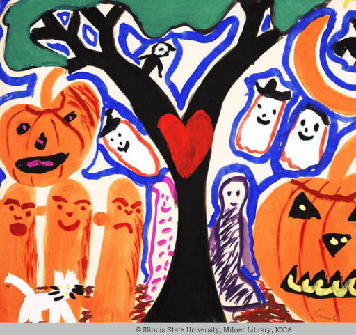 Child's drawing featuring jack-o-lanterns and ghosts.