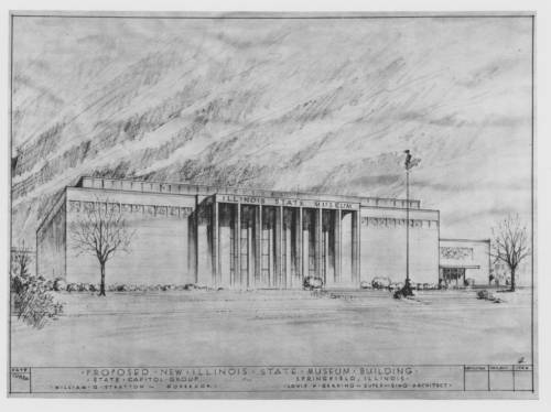 Sketch design for the Illinois State Museum featuring and impressive columned building