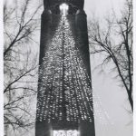 Photo of lights hung on the Fort Sheridan Tower in the shape of a Christmas tree