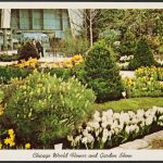 Postcard showing a landscape garden at the Chicago World Flower and Garden Show.