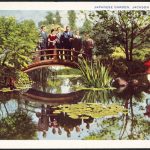 Postcard showing tourists on the bridge in the Japanese Garden in Jackson Park, Chicago, Illinois