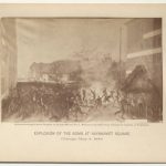 Print of the explosion of the bomb at Haymarket Square, Chicago, Illinois, May 4, 1886. Demonstrators and police flee from a fiery, smoky explosion.