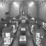 Black and white photograph of an overhead view of the Illinois State Museum's Natural History exhibit hall