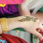 Photograph of an Indian Mehndi sometimes called henna tattoo on someone's hand