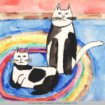 Child’s watercolor painting of a black and white cat standing of a kitten of the same color