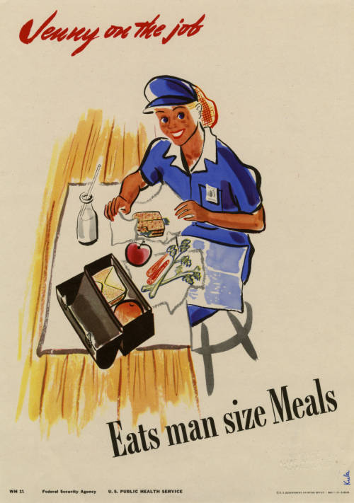 Poster of a woman in a work uniform eating a lunch at a table. The lunch consists of a sandwich, fruits, veggies, and milk.