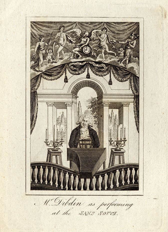An engraving on paper illustrates an 18th-century man playing an early piano.