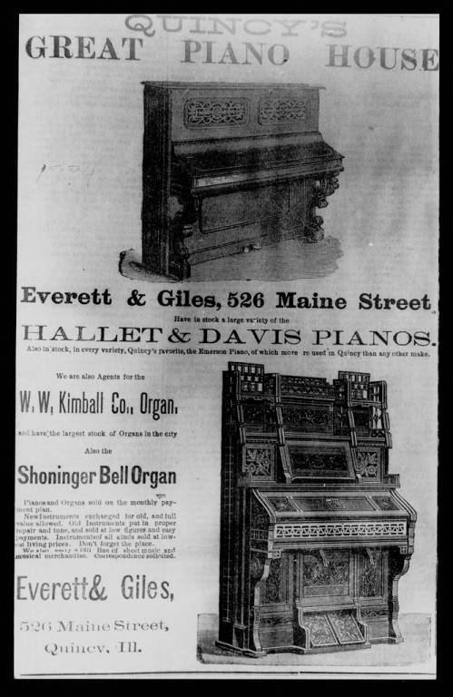A 19th-century print advertisement for a piano shop called "Quincy's Great Piano House."