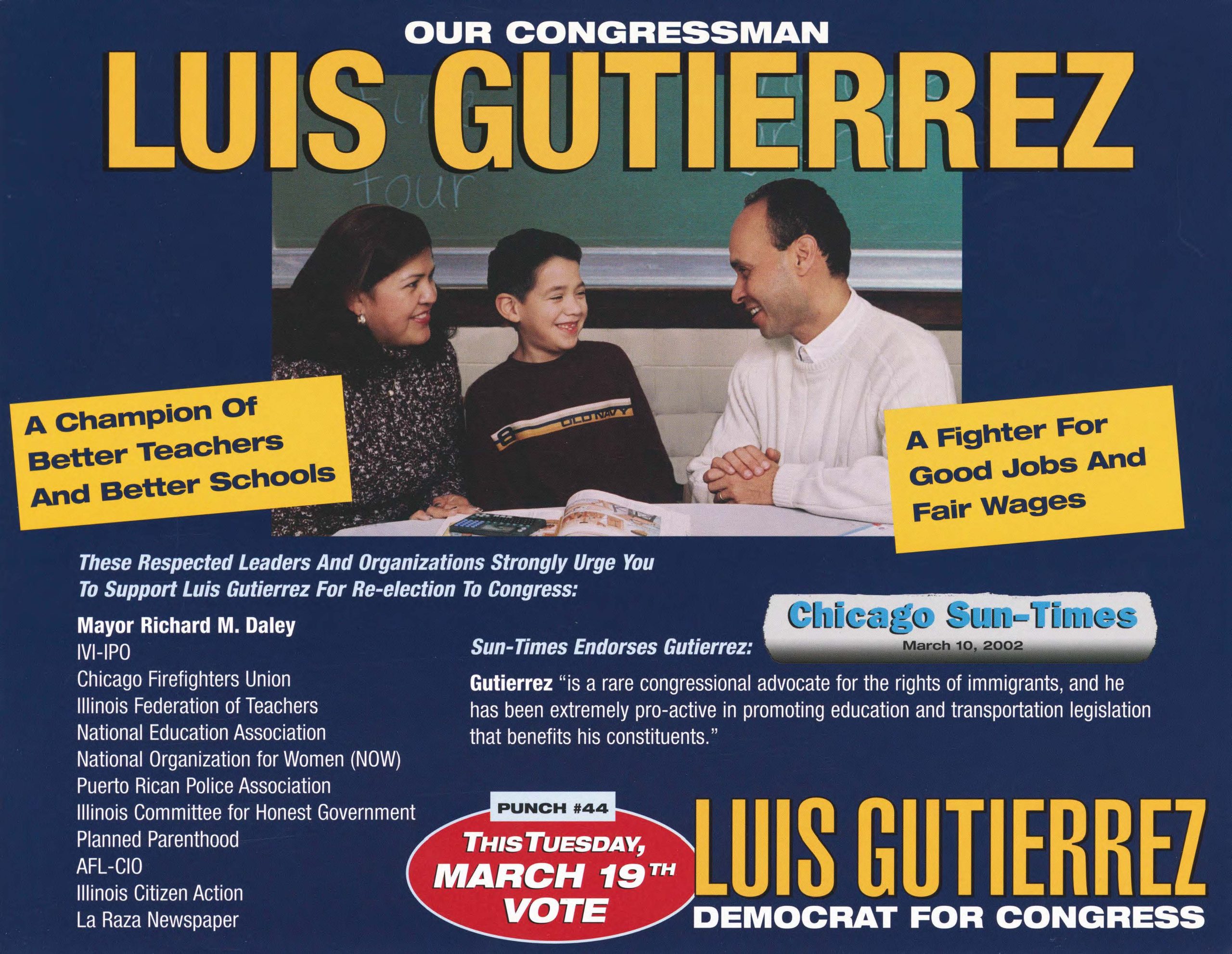 color campaign material for Luis Gutierrez with a picture of Gutierrez talking to a Latine mother and child with text describing Gutierrez's position and leaders and organizations who support his campaign