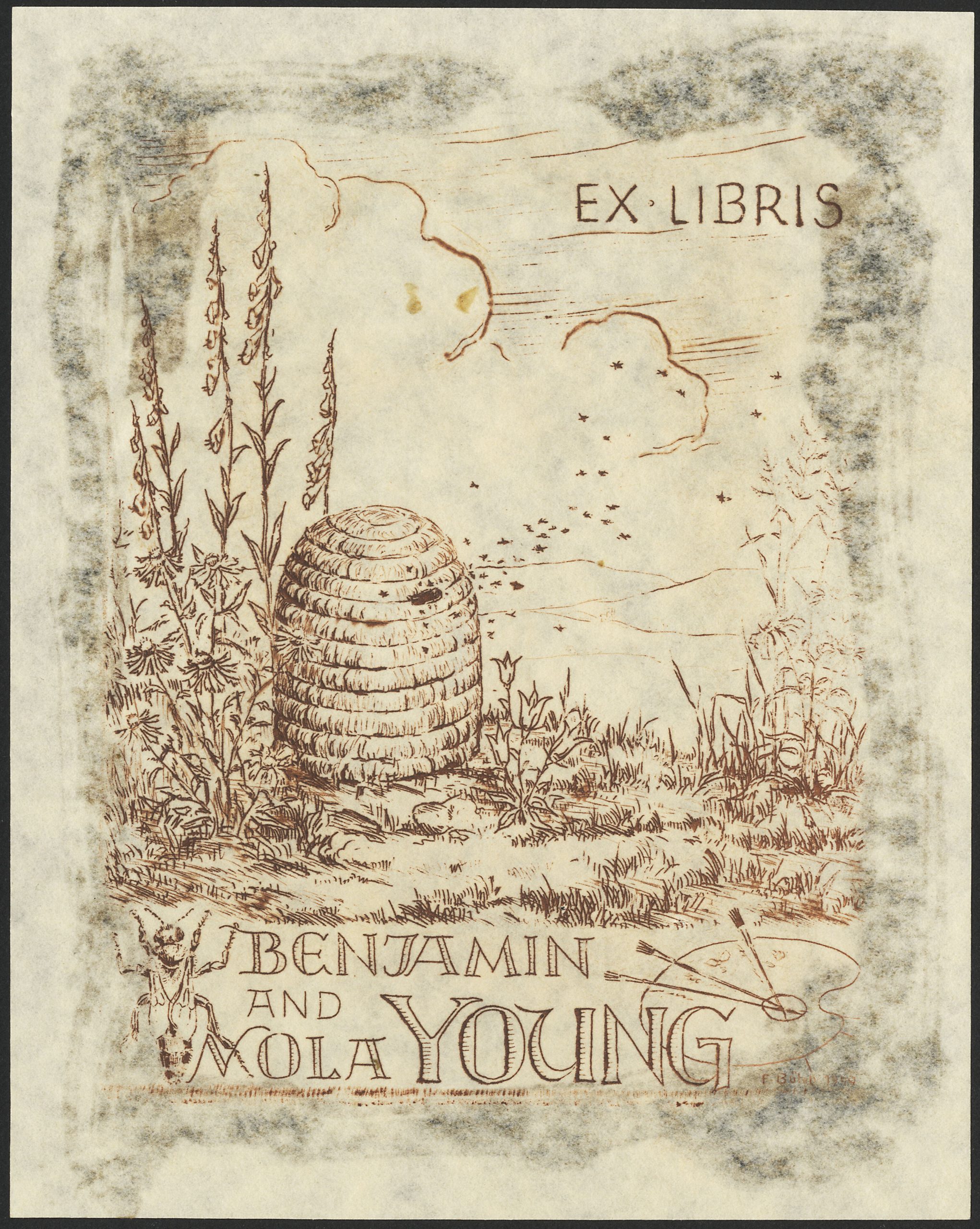 color image of bookplate with beehive on grass