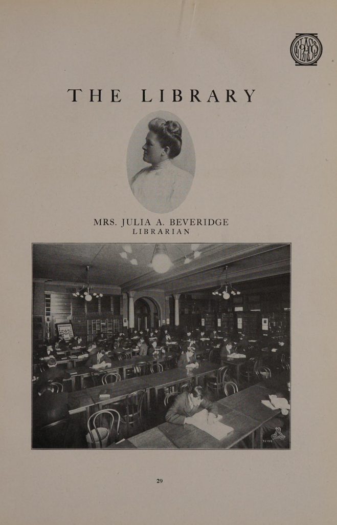 A page from the Armour Institute of Technology 1909 yearbook with the librarian Mrs. Julia A Beveridge and students studying in the library at desks.