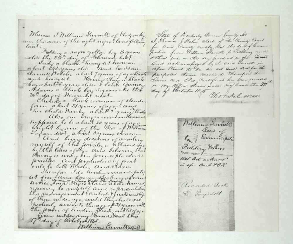 Deed of emancipation by William Garnett freeing his eight slaves due to his belief that slavery is wrong in principle and practice.