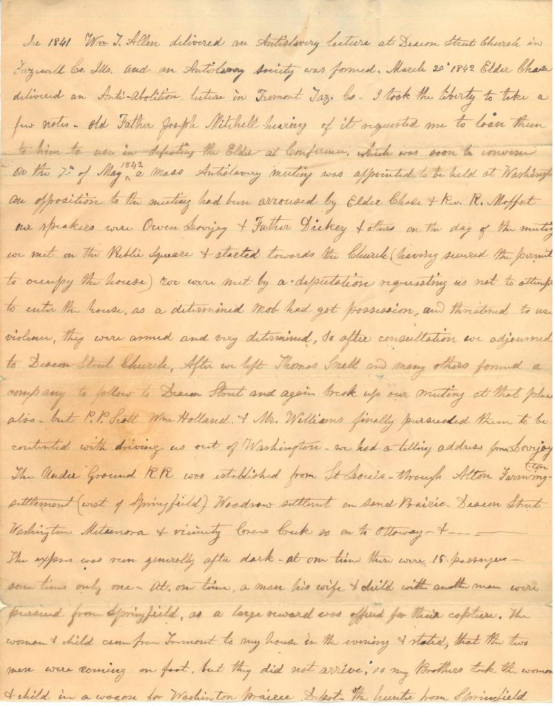 Letter from John M. Roberts to Zebina Eastman accounting the activities of the anti-slavery group, formation of the society, and underground railway established from St. Louis, circa 1842.