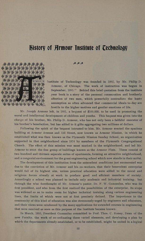 Page from the 1898 Armour Institute of Technology yearbook describing the history of the institute