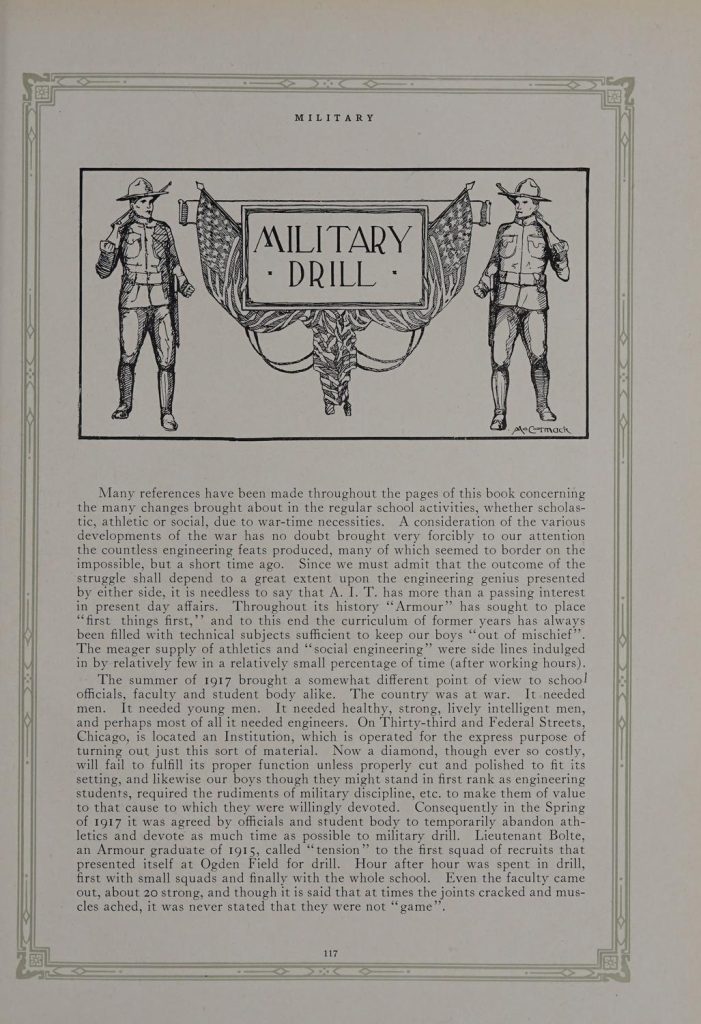 Page from the 1918 Armour Institute of Technology yearbook describing the military drills students underwent during the First World War.
