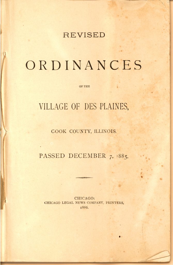 Printed title page of the Revised Ordinances of the Village of Des Plaines that were passed on December 7, 1885.