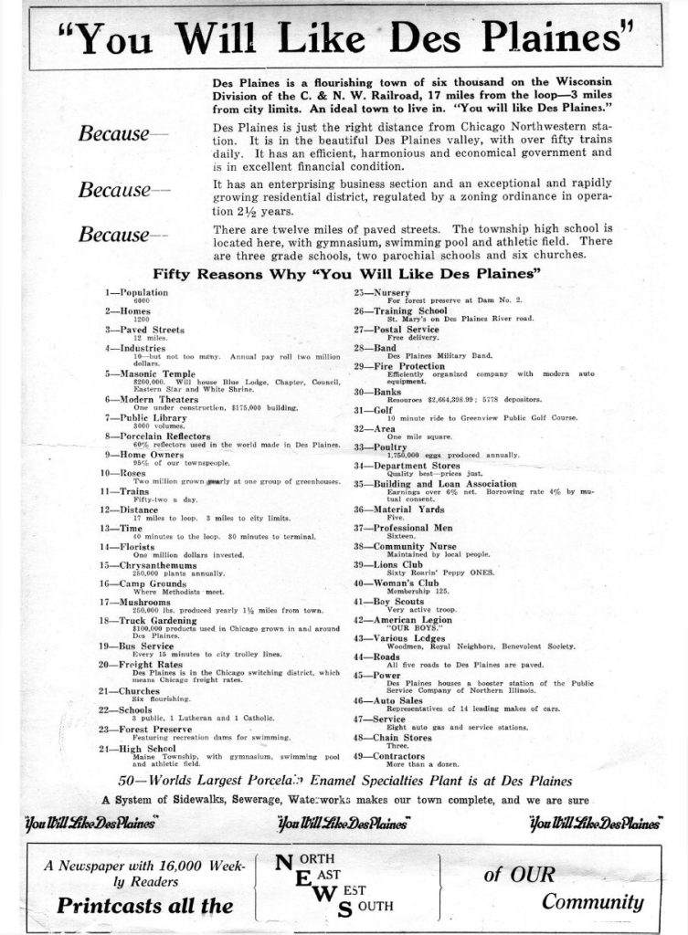 Second page of sheet music for the song You Will Like Des Plaines that includes a list of 50 reason why people like Des Plaines.