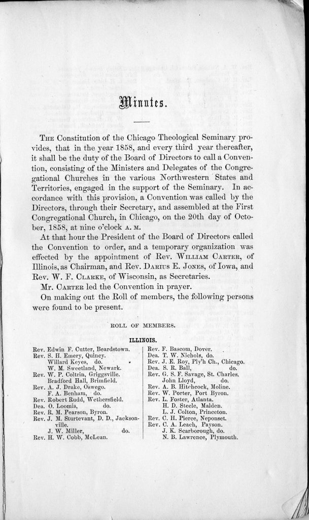 Minutes page of the proceedings of the 1st Triennial Convention in October 1858