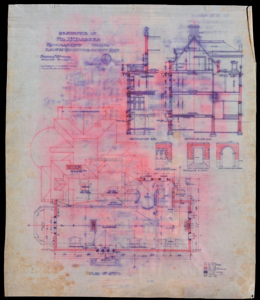 color image of architectural drawing, blue and red ink on aged white paper with some bleed-through.
