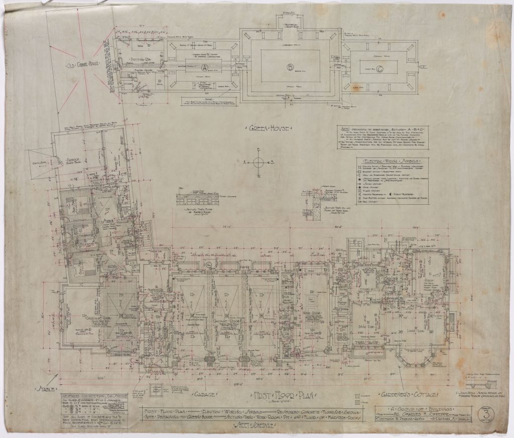 color image of architectural drawing, black and red ink on aged white paper